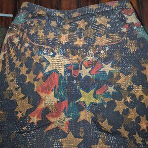 Zara Woman Mini Skirt 100% Polyester Black w/Gold & Red Stars Side Zip Size XS